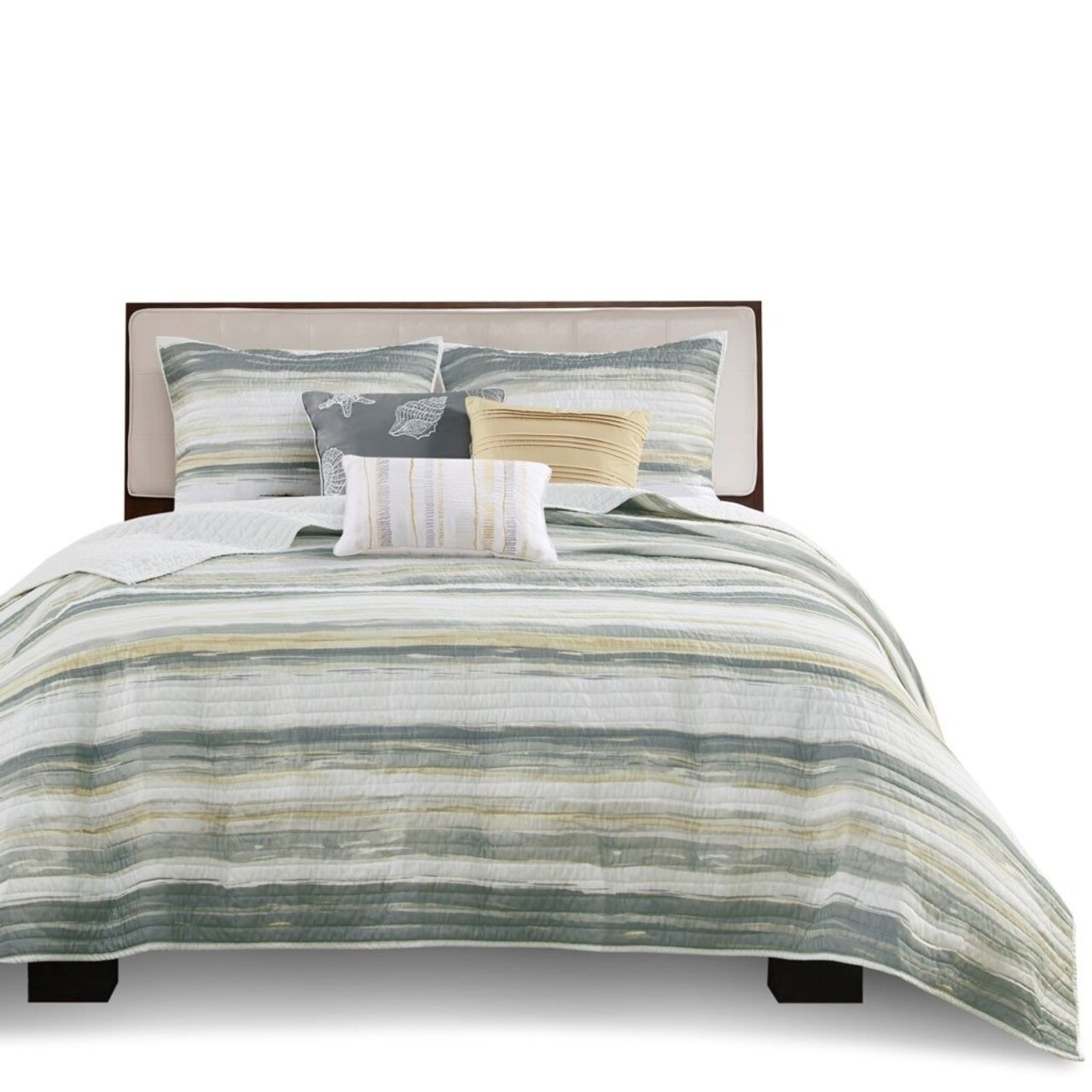 Gracie Mills Coastal Watercolor Quilt Set 6-Piece Reversible Seashell Pillows Grace-3149